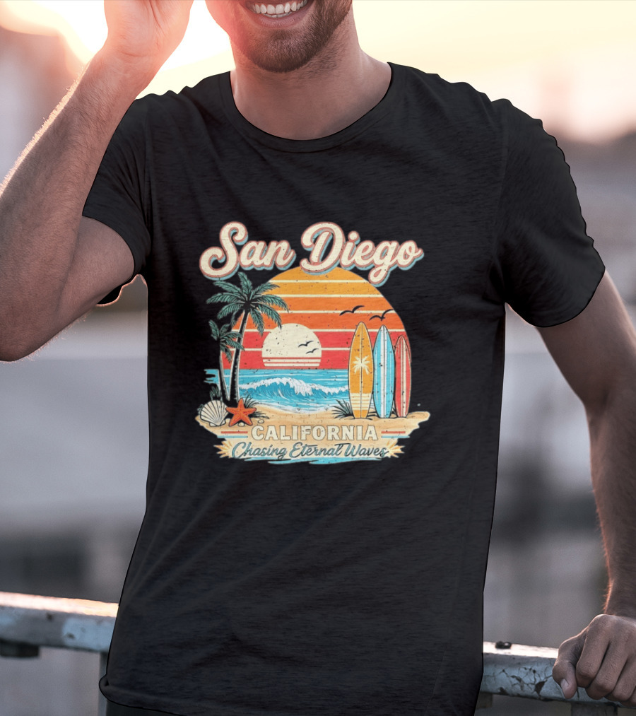 San Diego California Surfing Sunrise Chasing Eternal Waves Beach Vacation T-Shirt