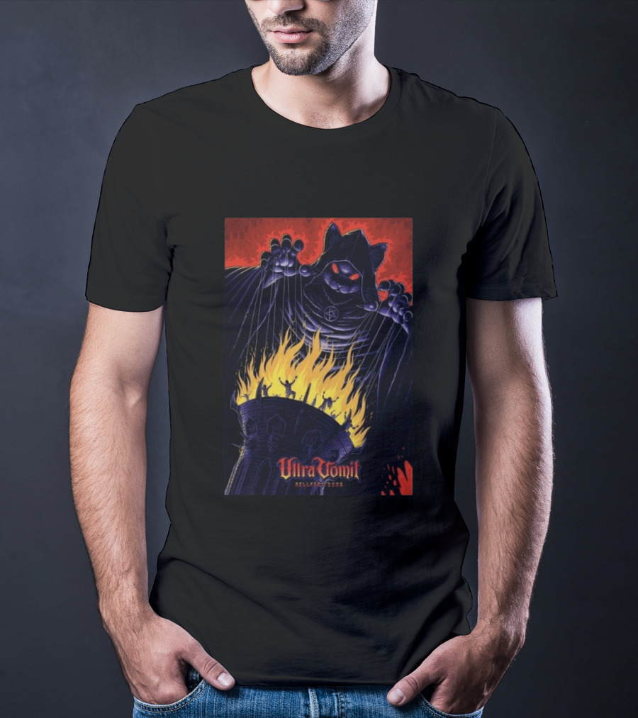 Ultra Vomit Hellfest 2026 Clisson France Jun 19 Puppet Master Cat With Fire Tower T-Shirt