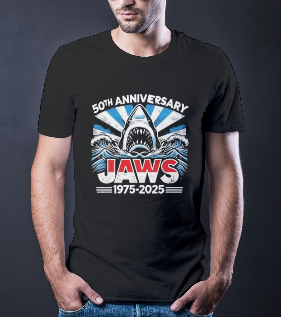 50th Anniversary Jaws 1975-2025 Shark Classic Retro Film Tribute T-Shirt