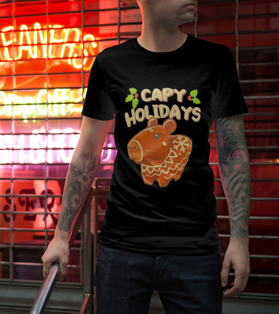 Capy Holidays Christmas Cookie Capybara With Holly Leaves T-Shirt