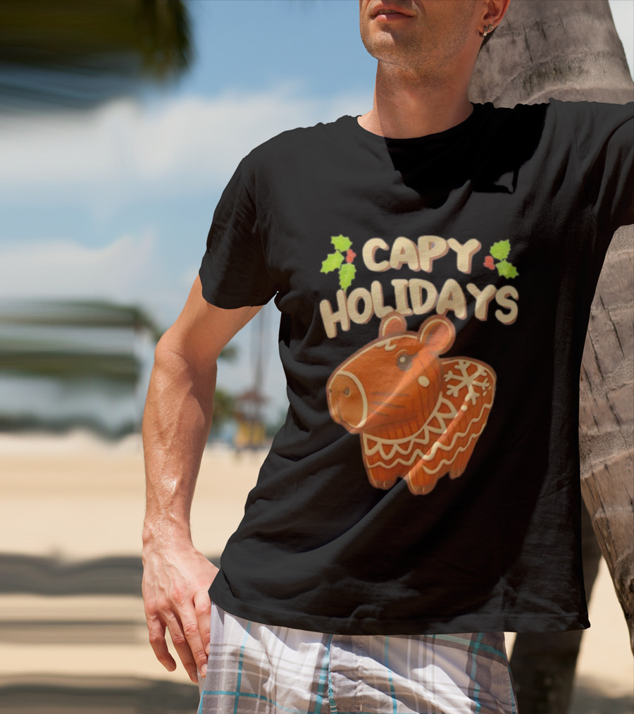 Capy Holidays Christmas Cookie Capybara With Holly Leaves T-Shirt