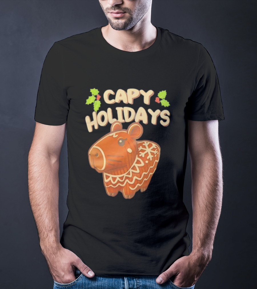 Capy Holidays Christmas Cookie Capybara With Holly Leaves T-Shirt