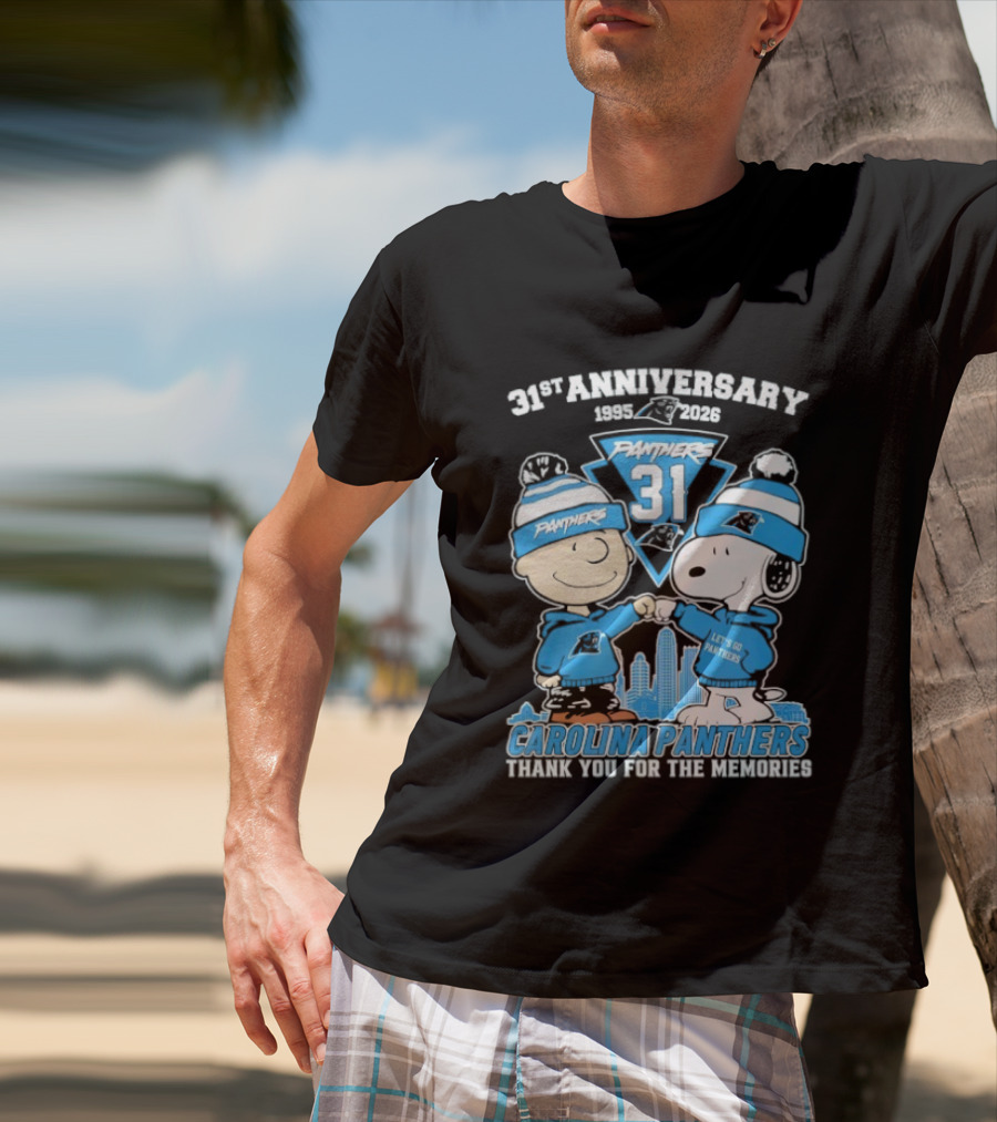 31st Anniversary Carolina Panthers Snoopy Charlie Brown 1995 2026 Let's Go Panthers Thank You For The Memories T-Shirt