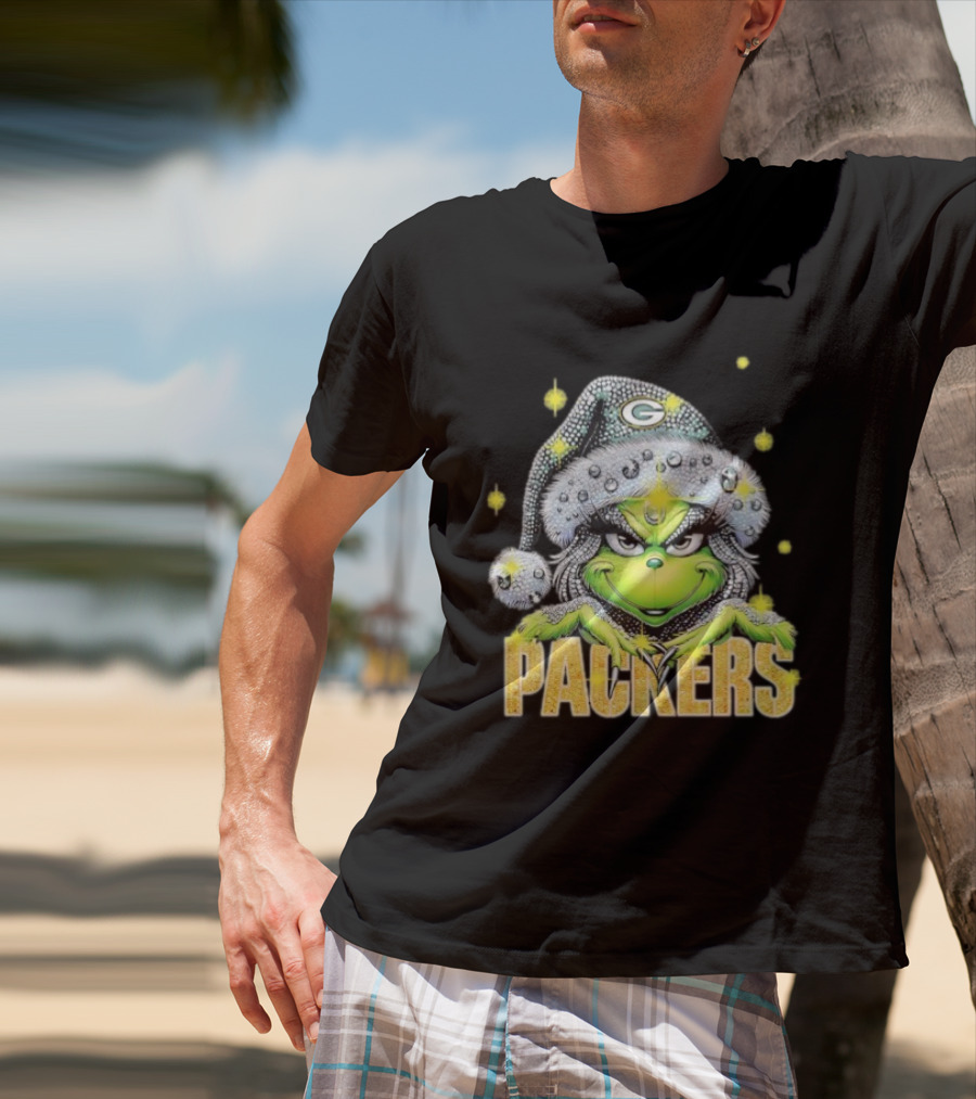 Green Bay Packers Grinch Santa Hat Christmas Football Fan Apparel T-Shirt