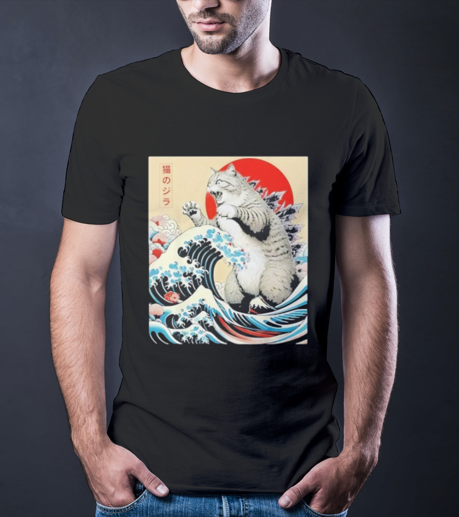 Catzilla Ukiyo-e Japanese 猫のジラ Kanagawa Waves Red Sun T-Shirt