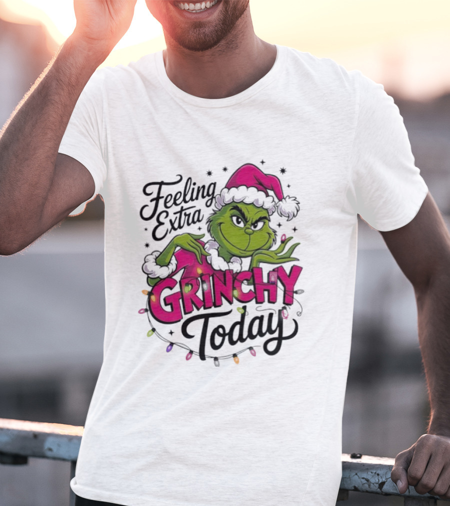 Feeling Extra Grinchy Today Green Character In Santa Hat With Lights T-Shirt