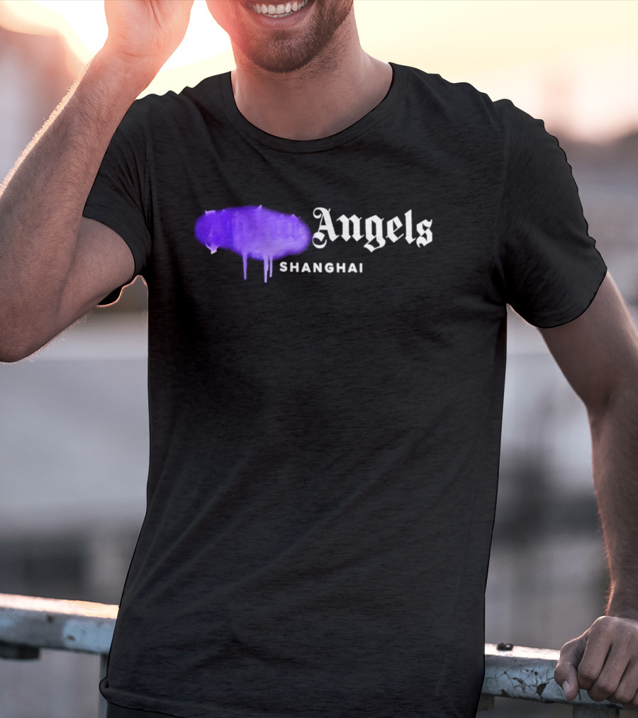Palm Angels Black Cotton Sprayed Shanghai Purple Drip T-Shirt