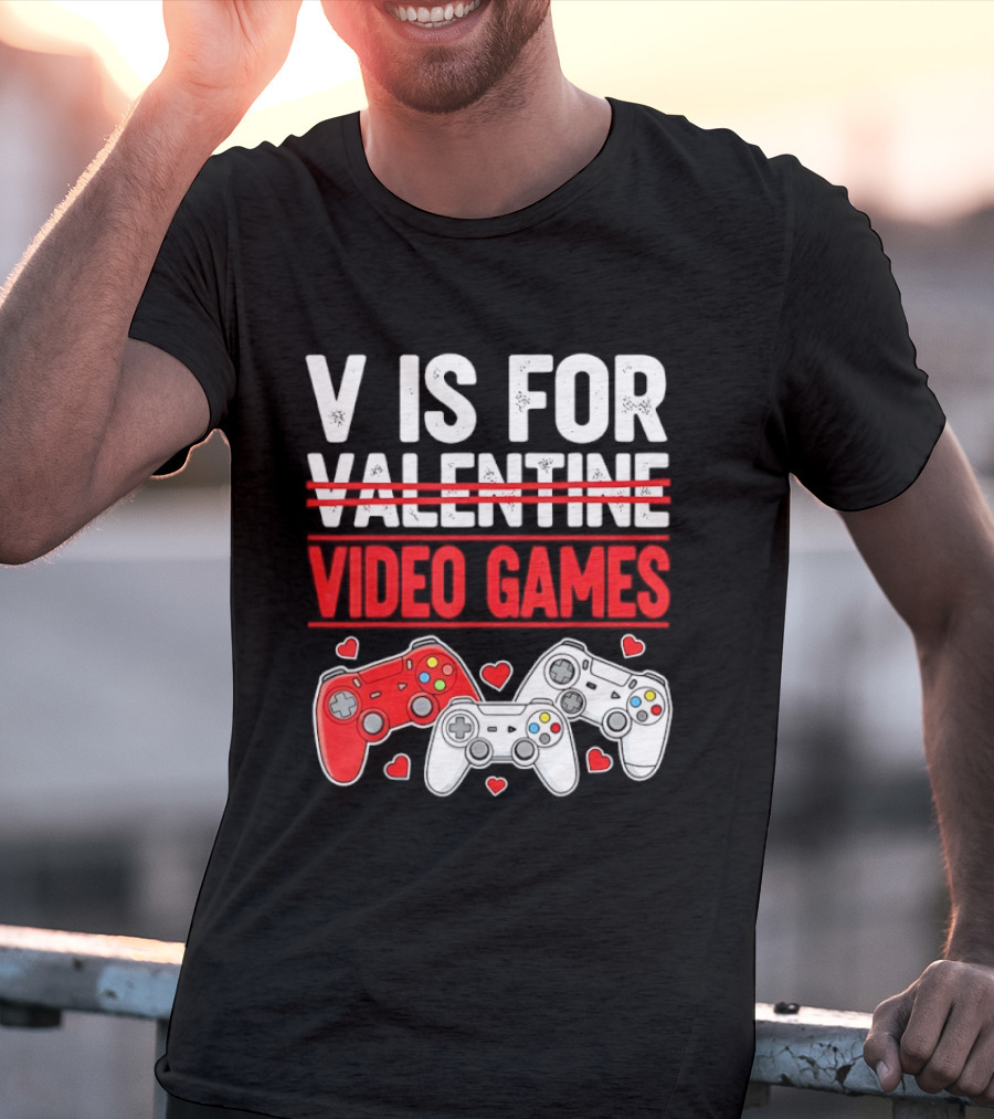 V Is For Video Games Valentines Controllers Hearts T-Shirt