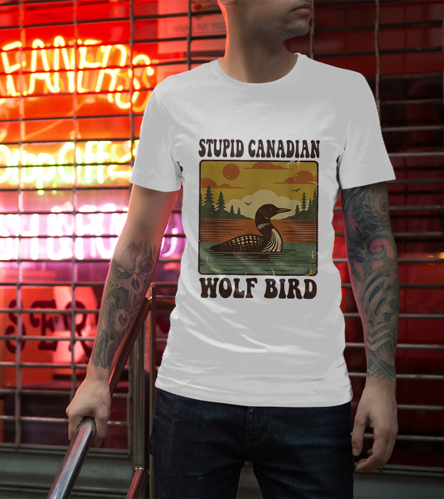 Stupid Canadian Wolf Bird Vintage Sunset Retro Lake Scene T-Shirt
