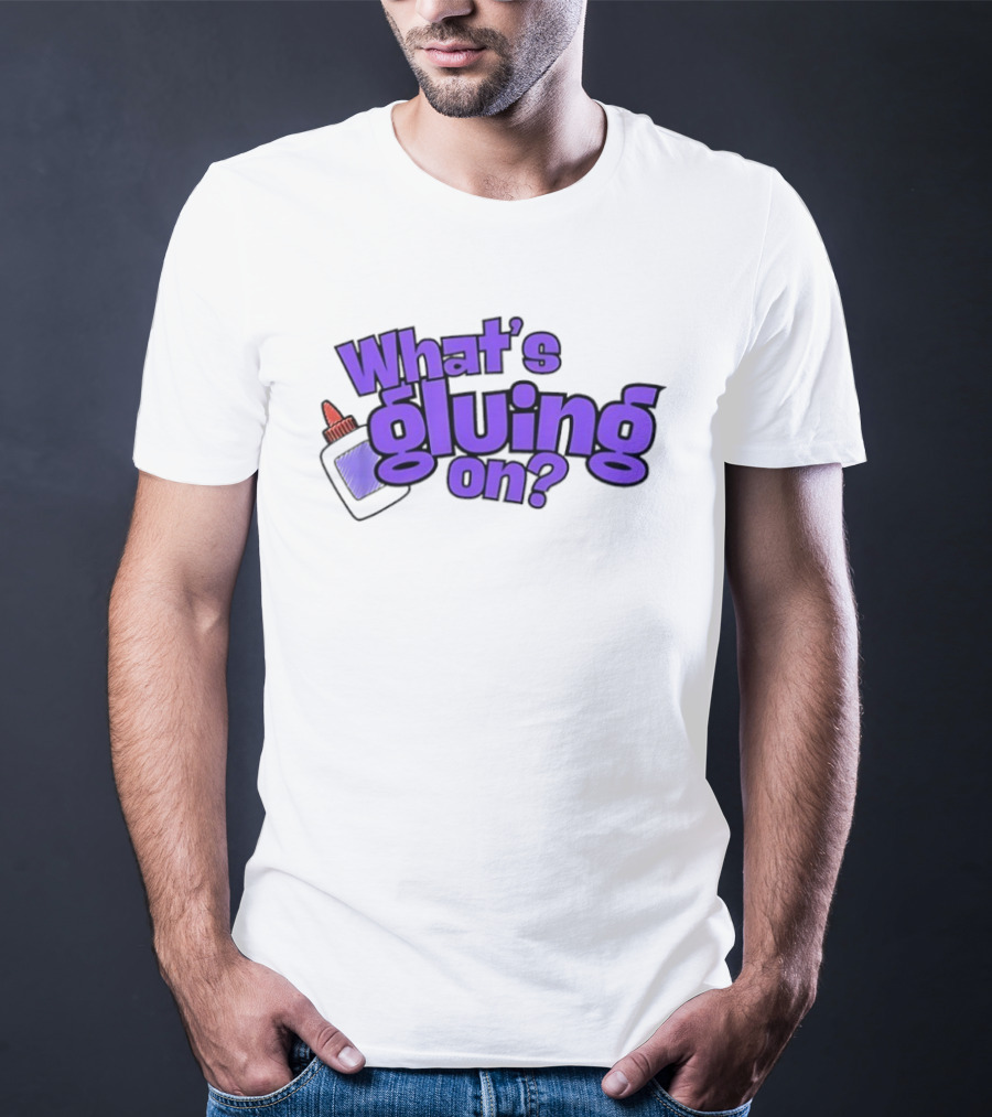 What's Gluing On Purple Text With Red Cap And Paper T-Shirt