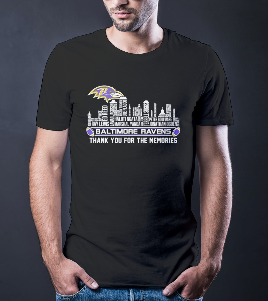 Baltimore Ravens Ray Lewis Marshall Yanda Jonathan Ogden City Skyline Thank You For The Memories T-Shirt