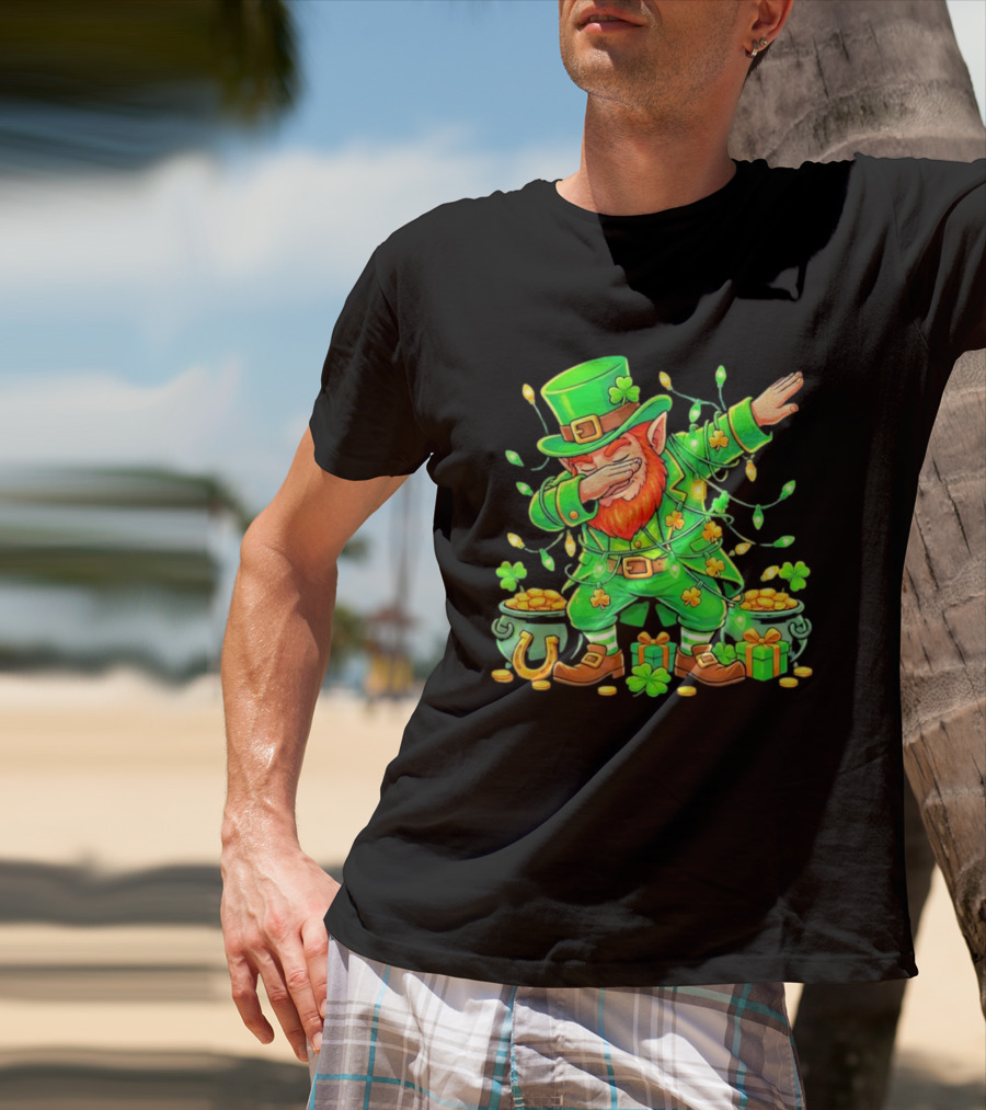 Dabbing Leprechaun St Patricks Day Lights Gold Pot Clover T-Shirt
