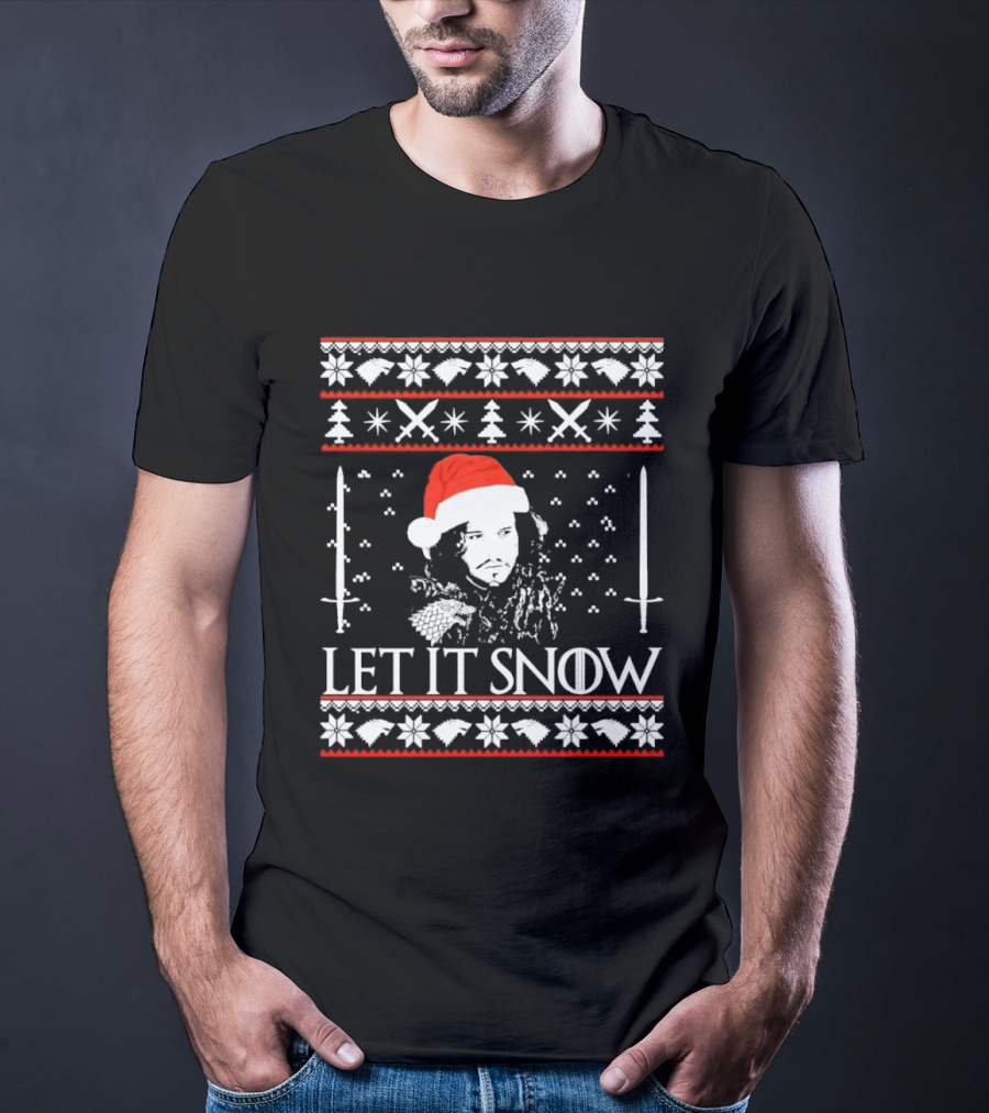 Let It Snow Christmas Ugly Sweater Santa Hat Swords Snowflakes Trees T-Shirt