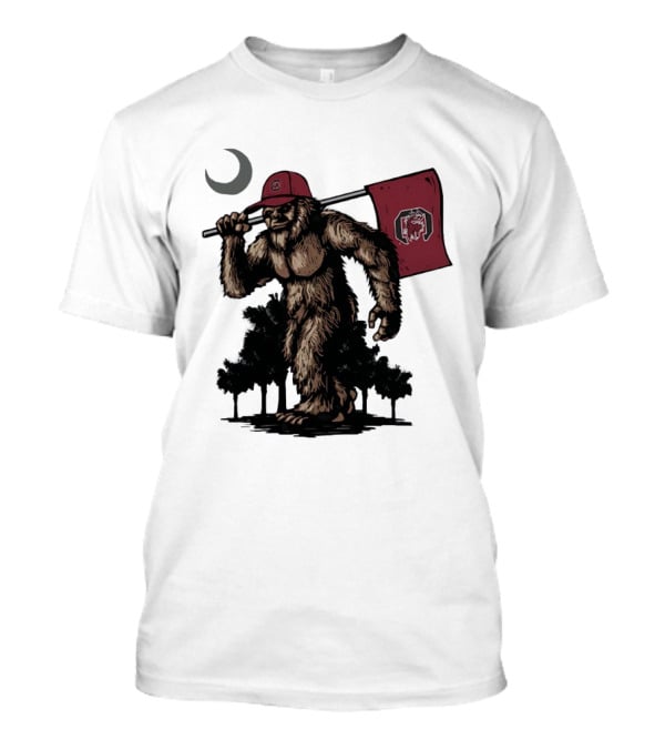 Bigfoot Carrying South Carolina Gamecocks Flag Under Moonlight T-Shirt