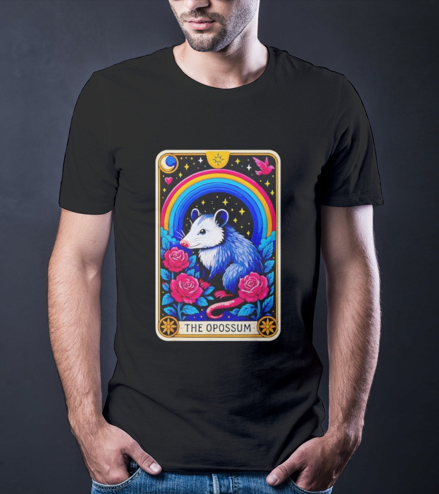 The Opossum Tarot Card Rainbow Moon Roses Stars T-Shirt