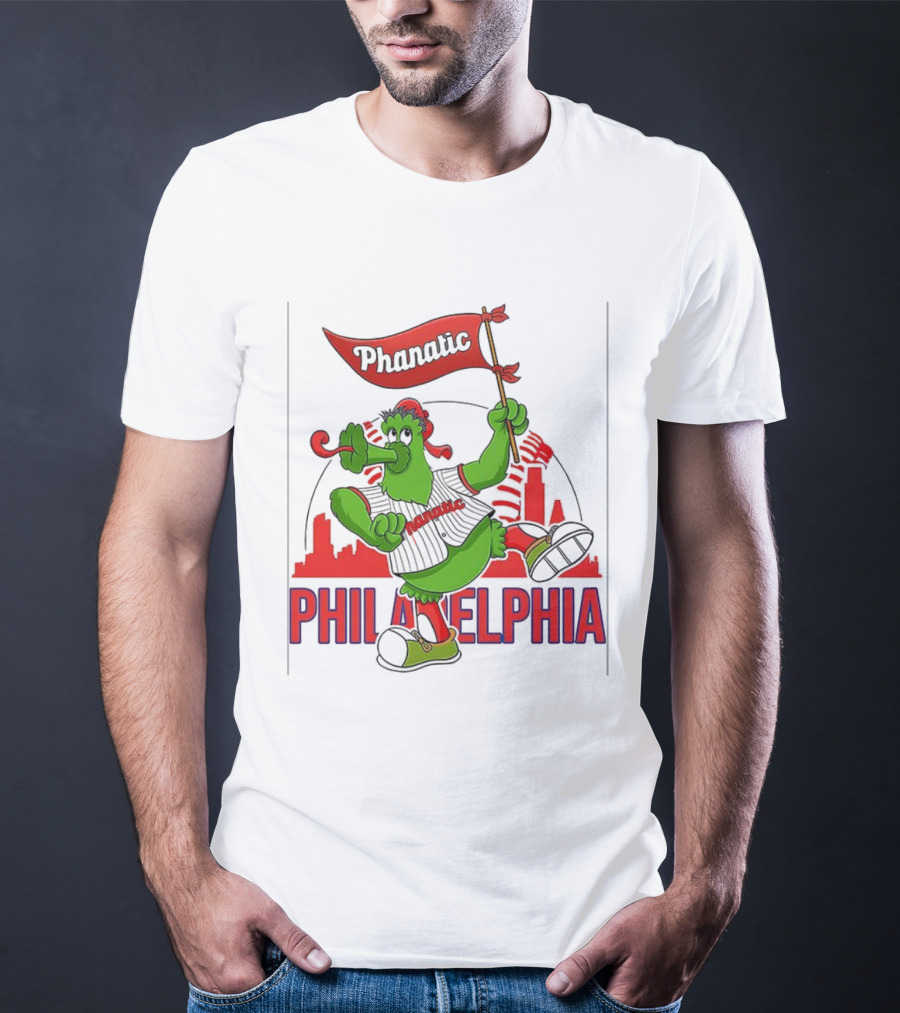 Phillie Phanatic Philadelphia Phillies Mascot Dancing With Skyline And Flag T-Shirt