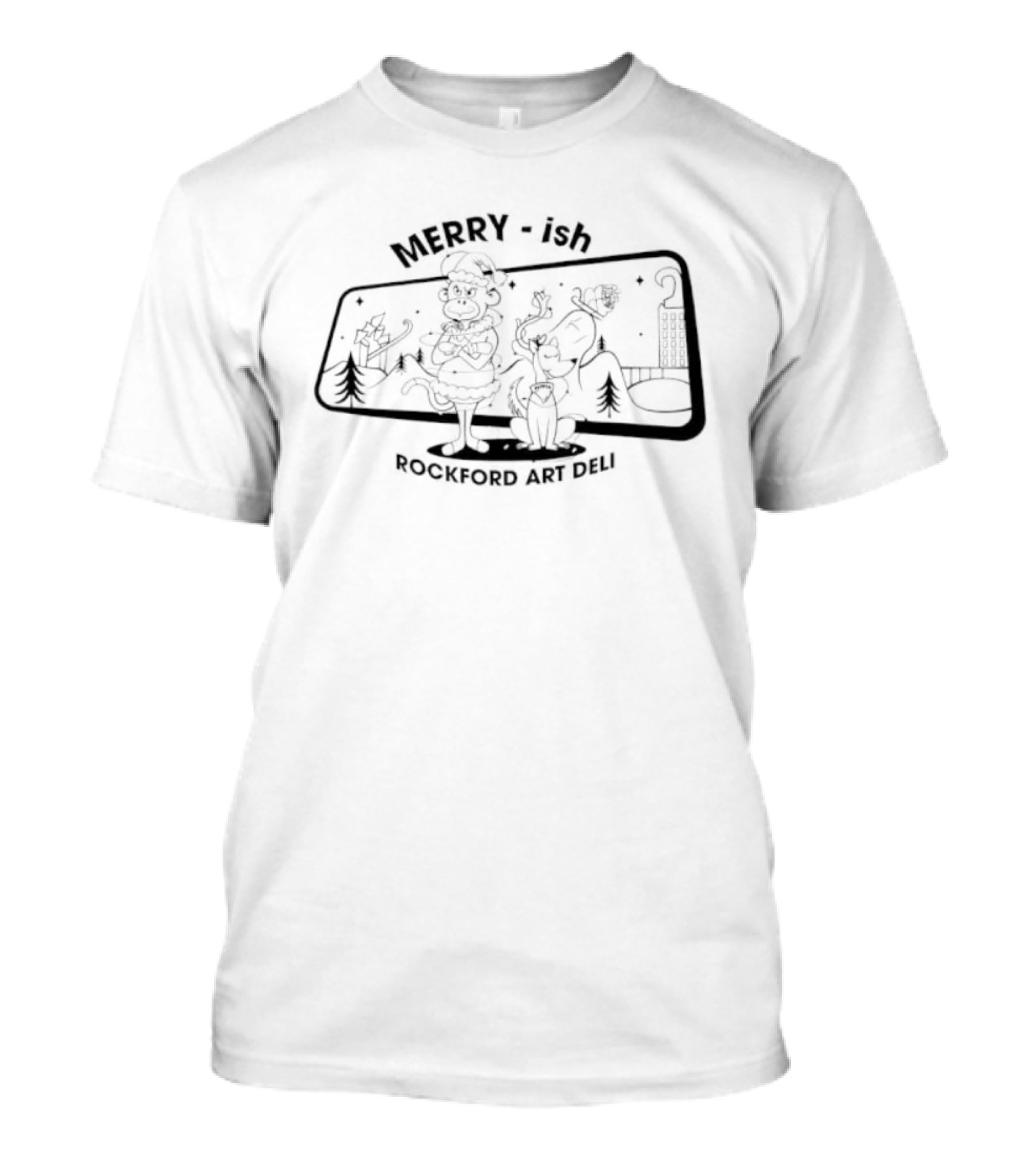 Merry Ish Holiday Rockford Art Deli Monkey Dog T-Shirt