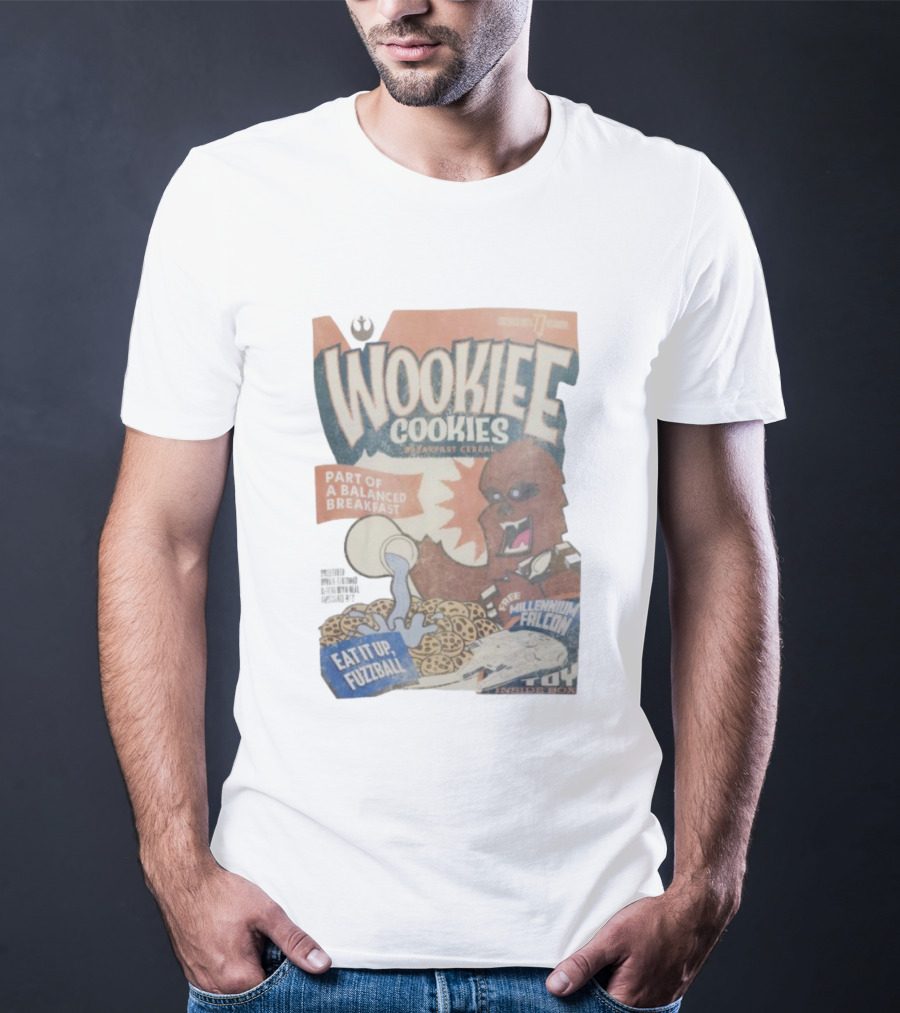 Wookiee Cookies Breakfast Cereal Eat It Up Fuzzball Free Millennium Falcon T-Shirt