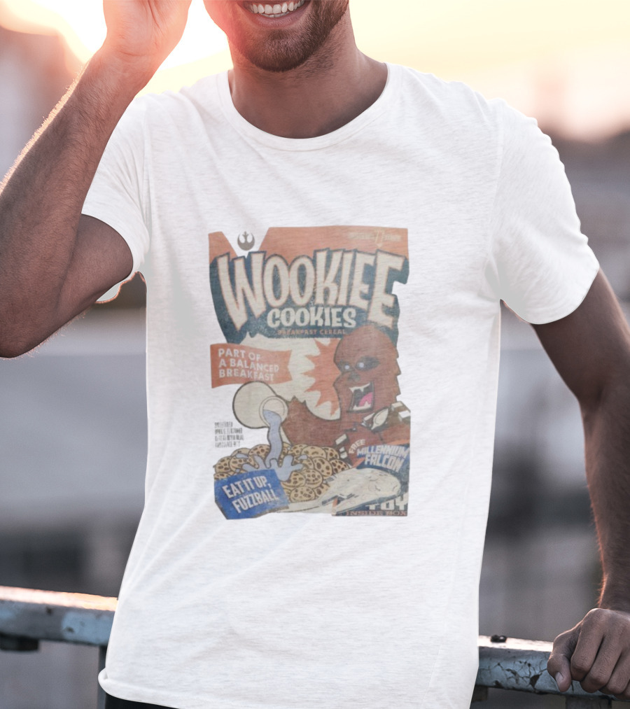 Wookiee Cookies Breakfast Cereal Eat It Up Fuzzball Free Millennium Falcon T-Shirt