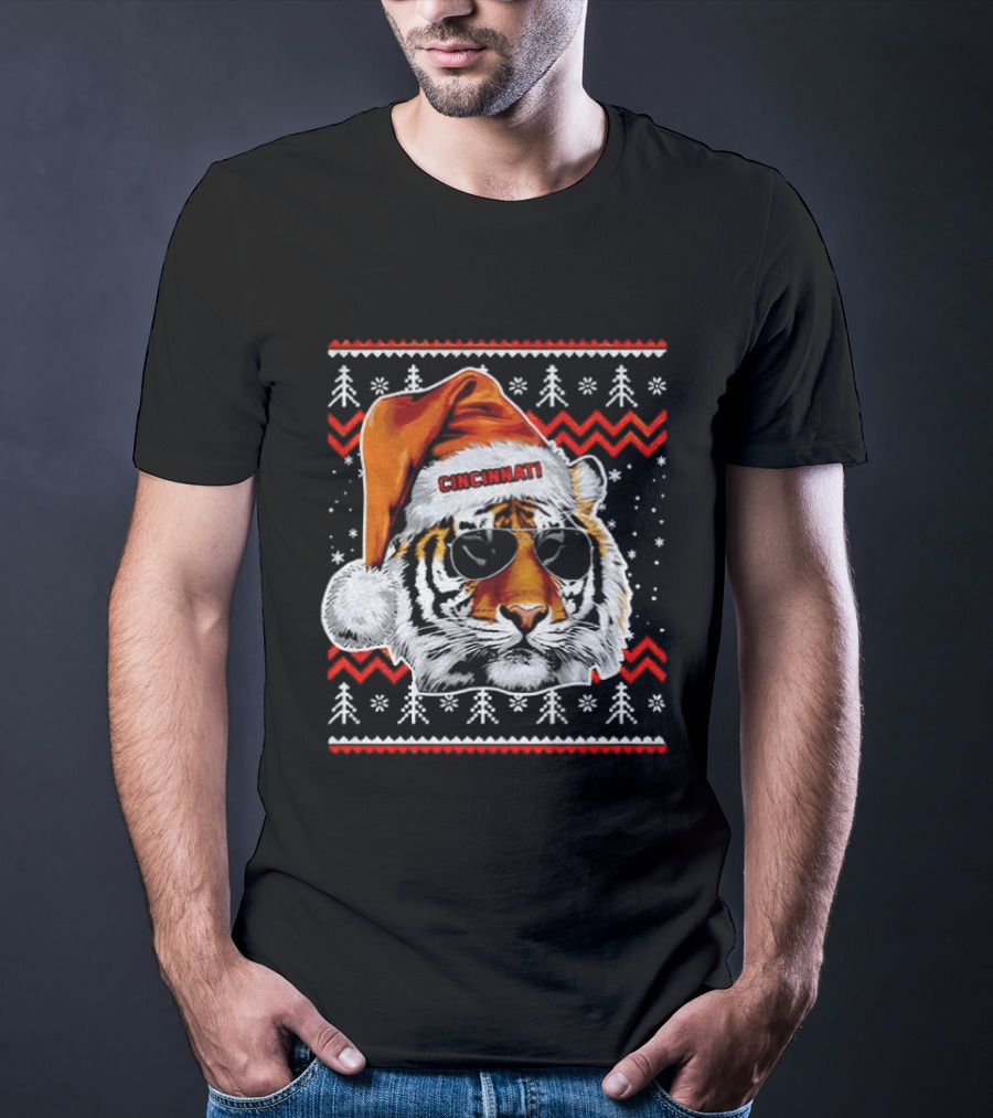 Cincinnati Santa Hat Tiger Ugly Christmas Vintage Football T-Shirt