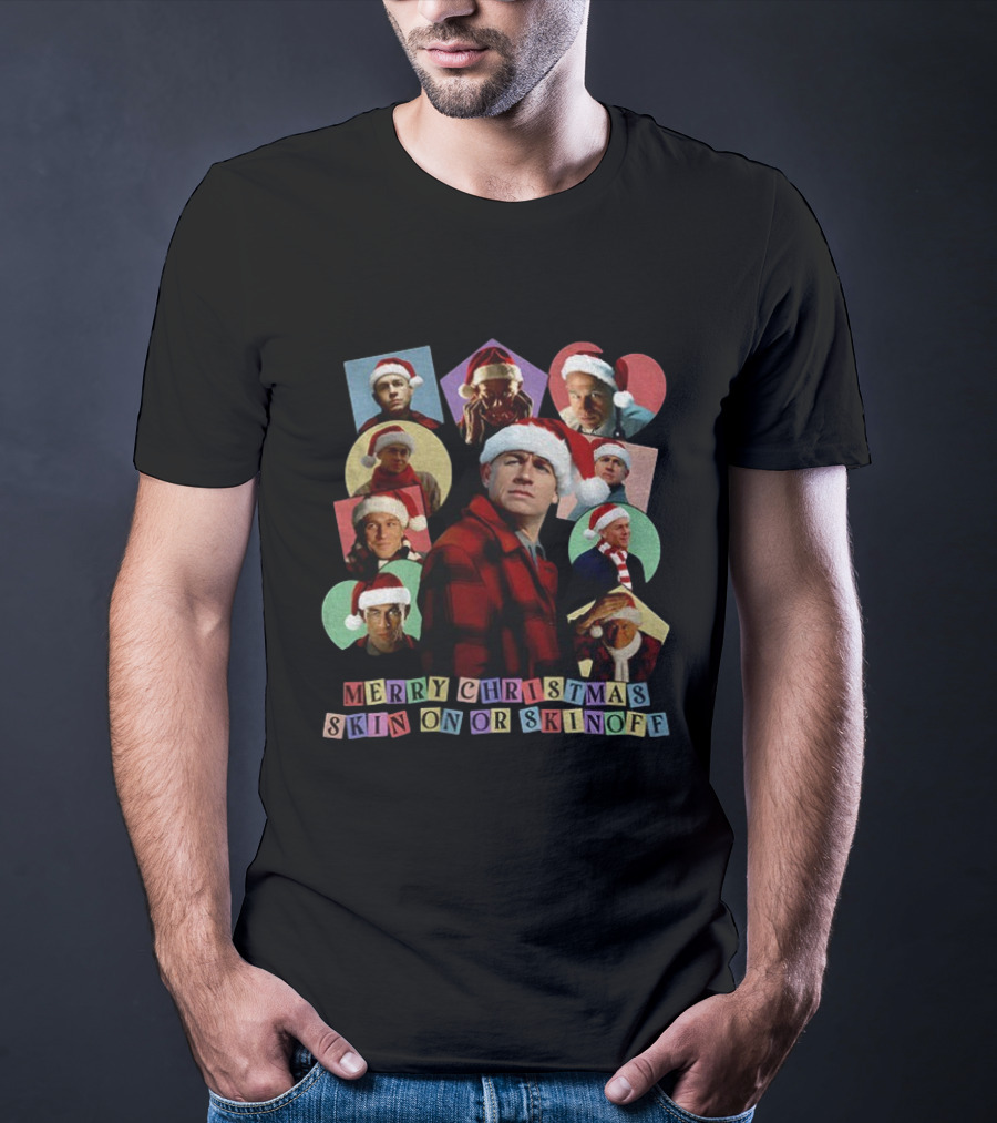 Merry Christmas Skin On Or Skin Off Santa Hat Collage T-Shirt