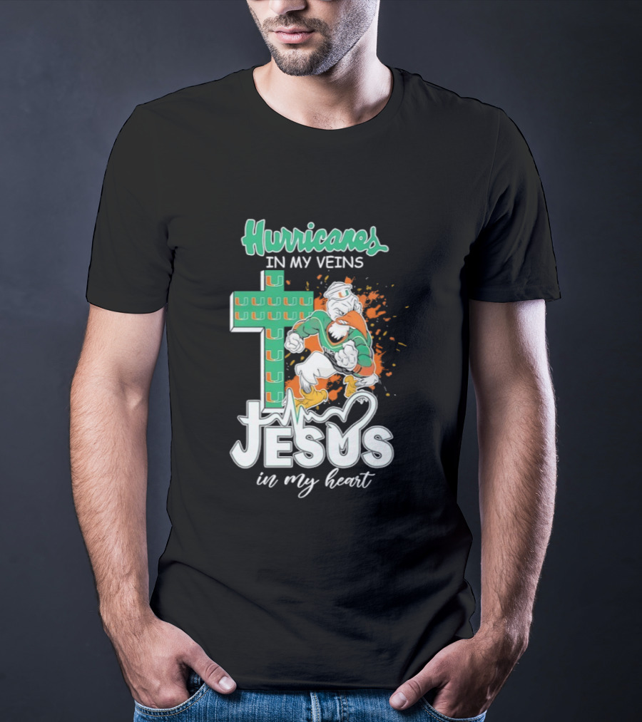 Hurricanes In My Veins Jesus In My Heart Cross Shape Miami Ibis T-Shirt