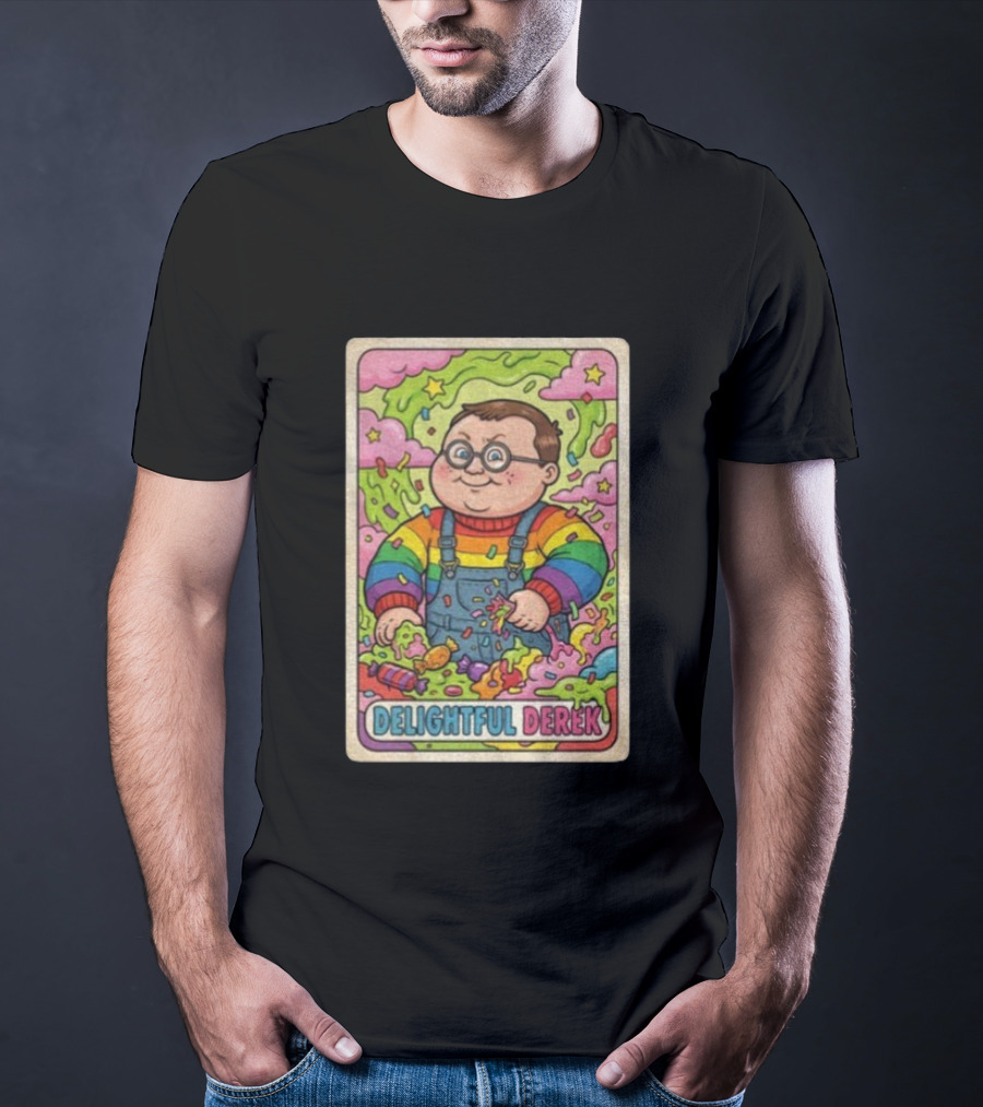 Delightful Derek Rainbow Cartoon Character In Vibrant 80s T-Shirt