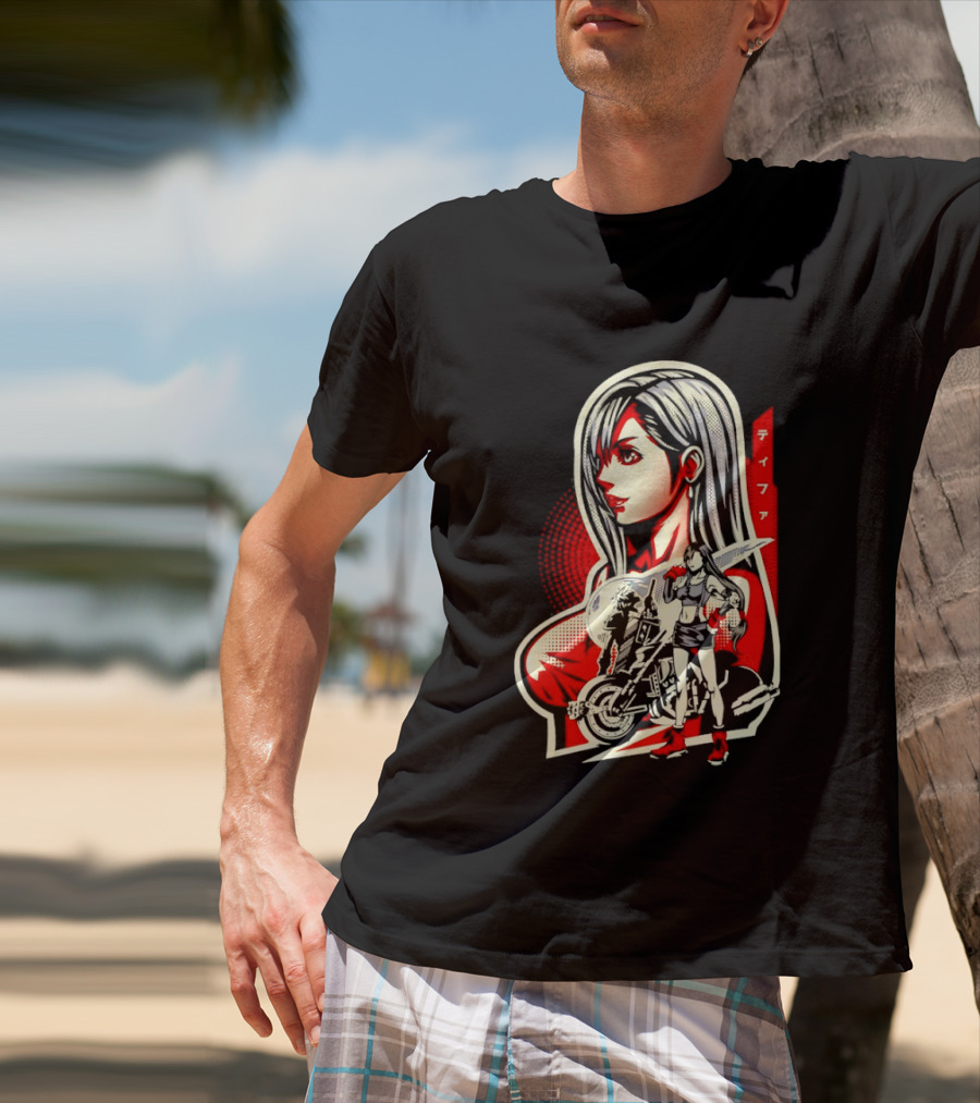 Tifa Lockhart Iconic Final Fantasy Character With Motorcycle And Katana T-Shirt