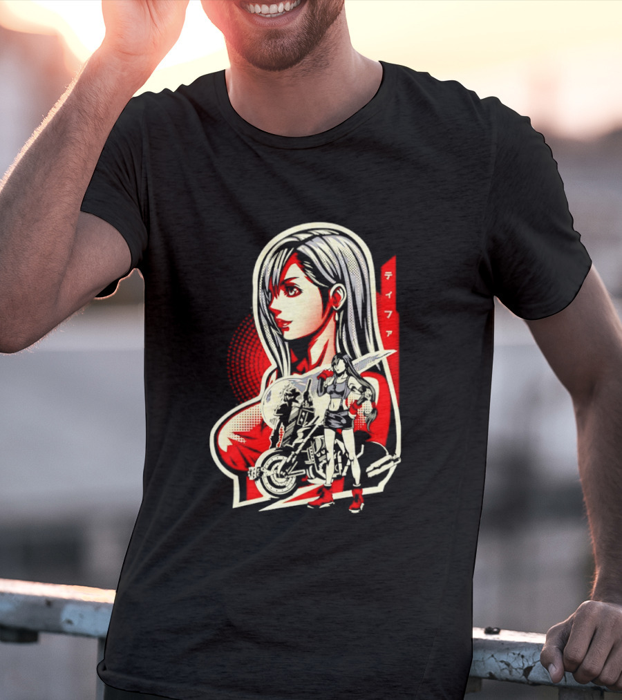 Tifa Lockhart Iconic Final Fantasy Character With Motorcycle And Katana T-Shirt
