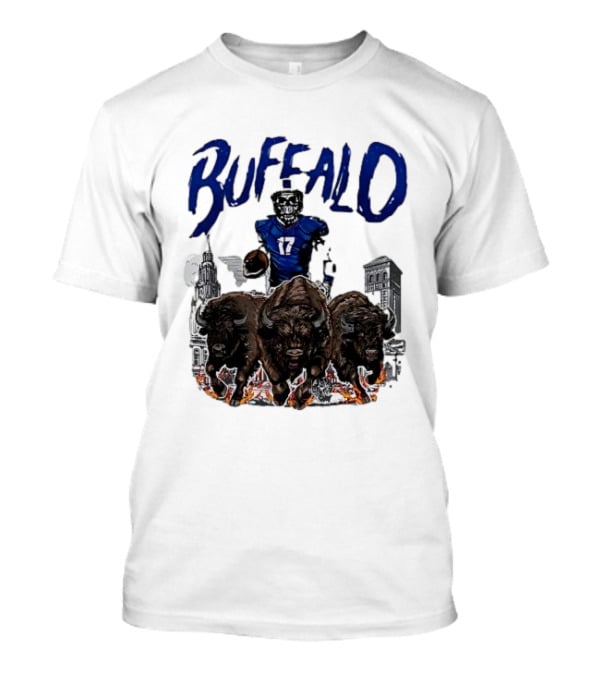 Buffalo Football Skeleton 17 With Charging Bison And City Skyline T-Shirt