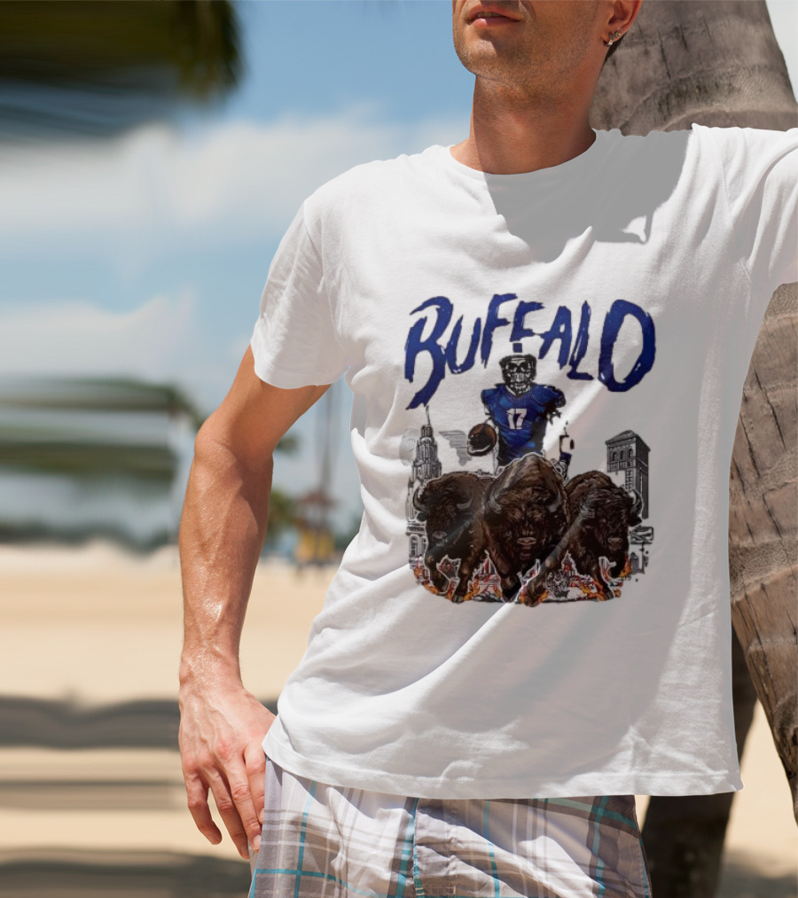 Buffalo Football Skeleton 17 With Charging Bison And City Skyline T-Shirt