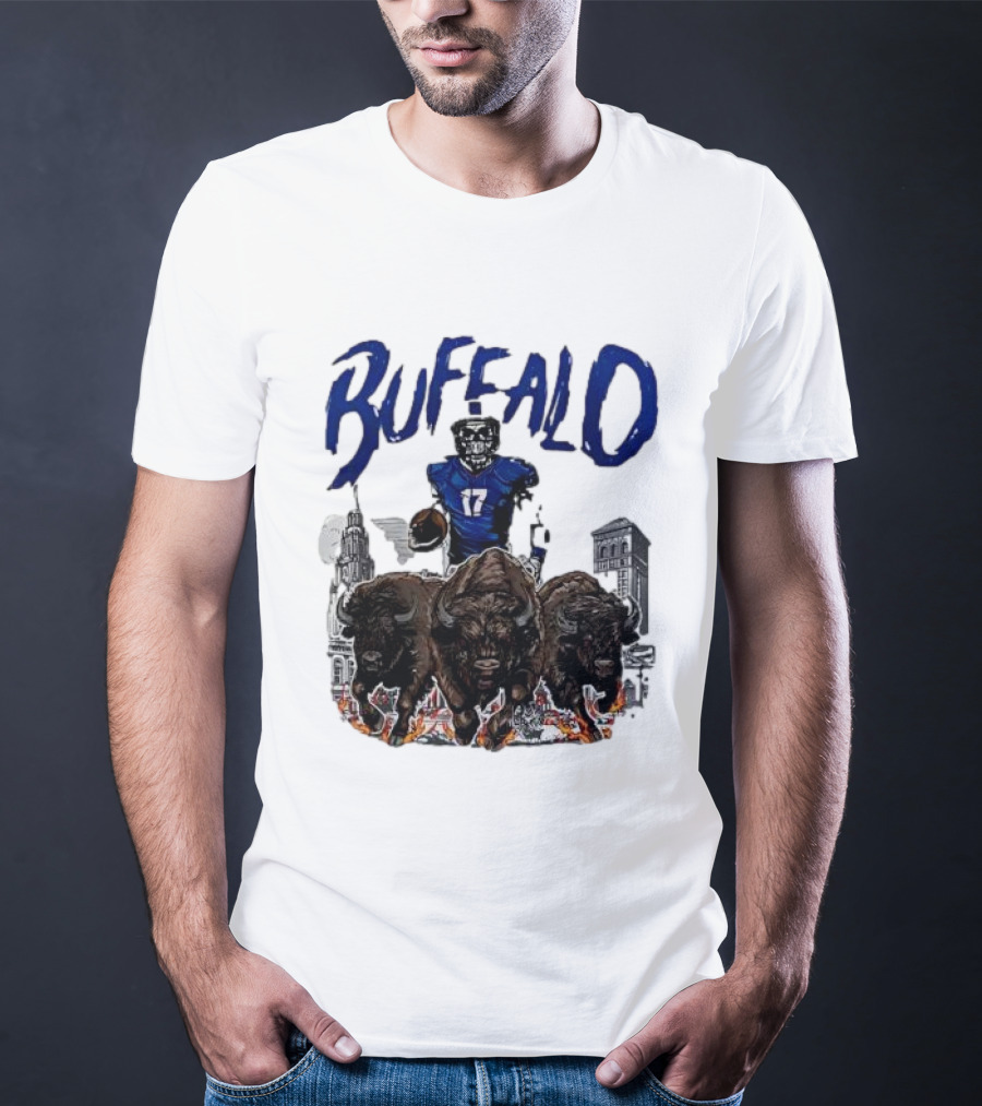 Buffalo Football Skeleton 17 With Charging Bison And City Skyline T-Shirt