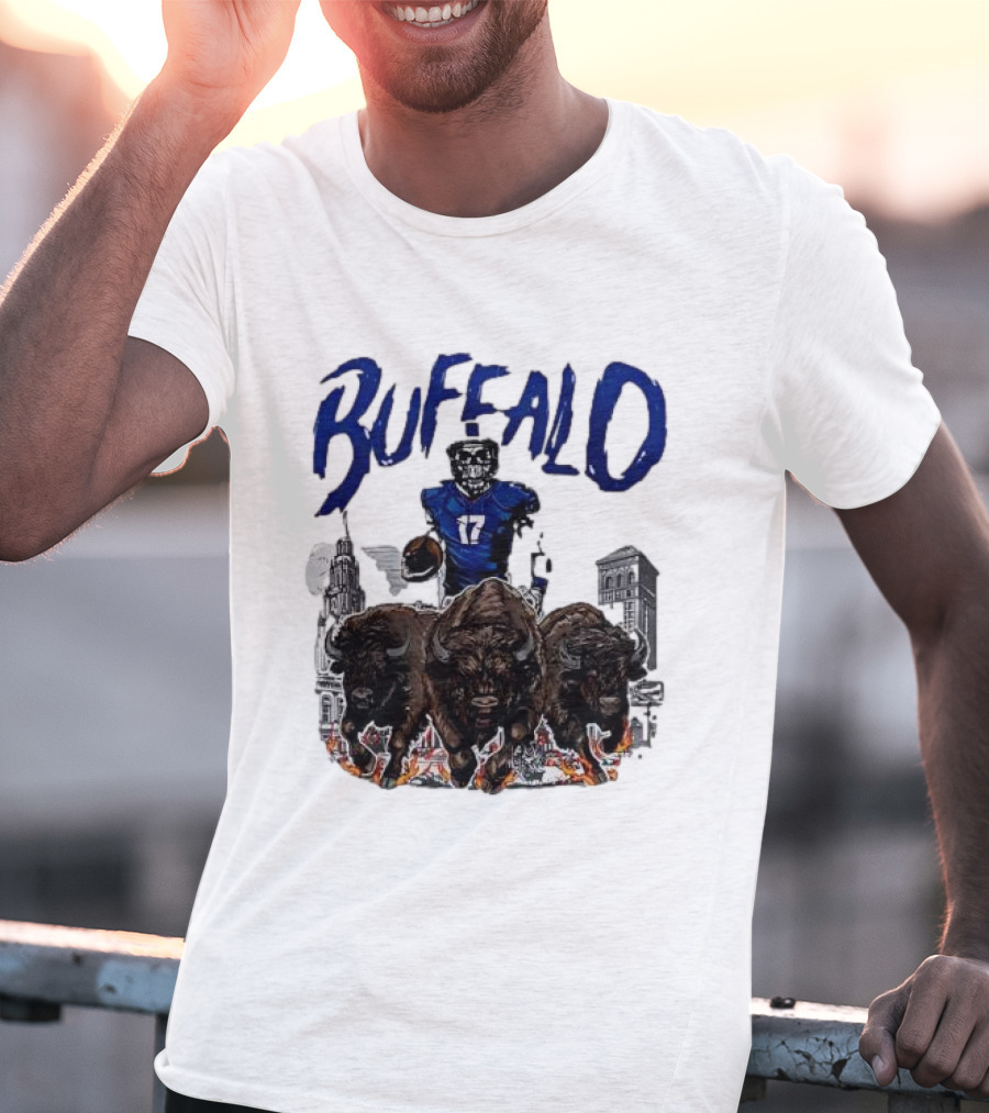 Buffalo Football Skeleton 17 With Charging Bison And City Skyline T-Shirt