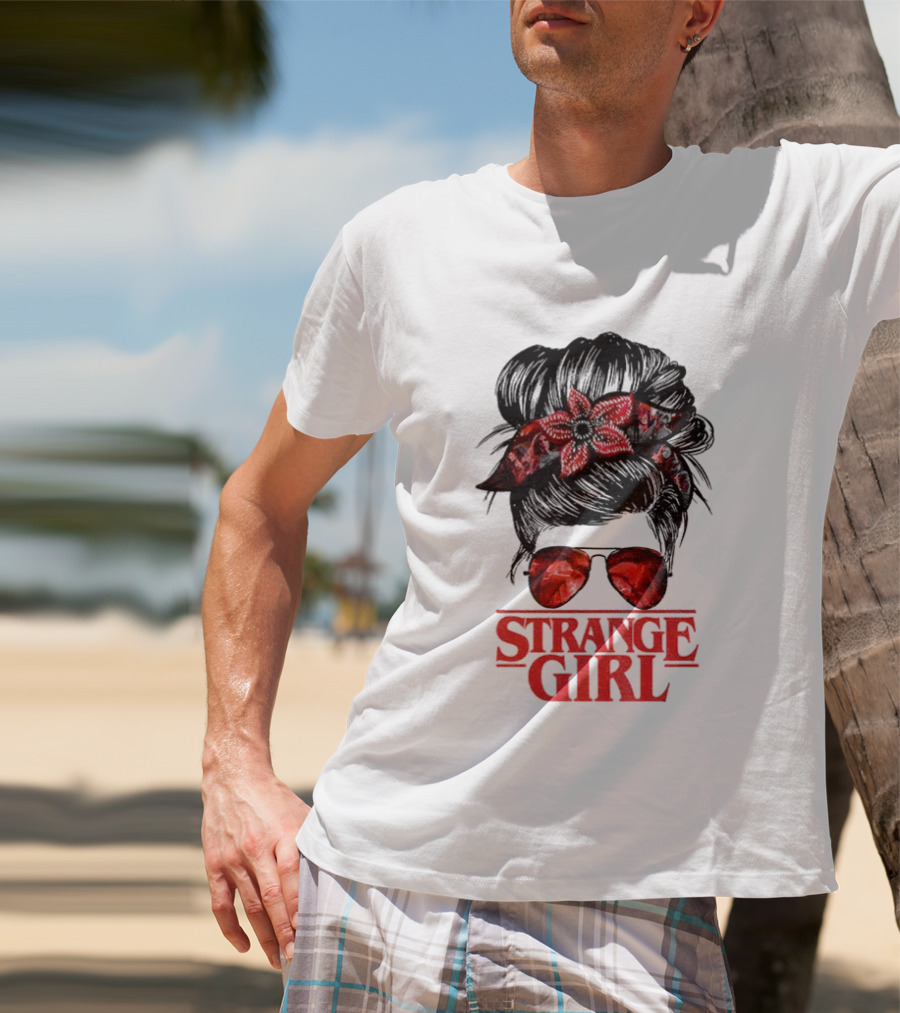 Strange Girl Red Floral Hair Scarf Messy Bun T-Shirt