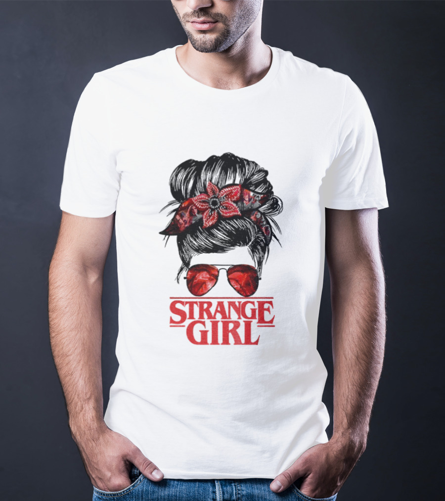Strange Girl Red Floral Hair Scarf Messy Bun T-Shirt