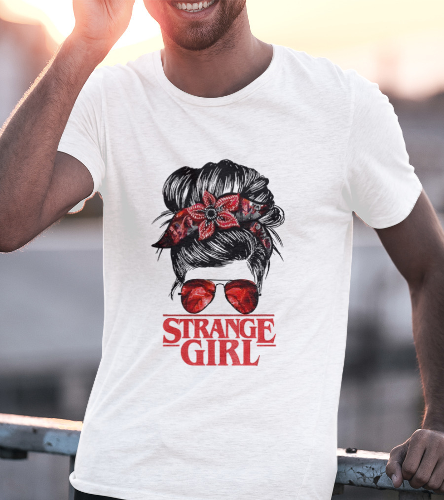 Strange Girl Red Floral Hair Scarf Messy Bun T-Shirt