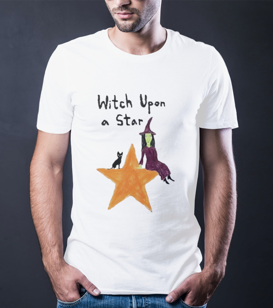 Witch Upon A Star Green Witch Purple Hat Orange Star Black Cat T-Shirt
