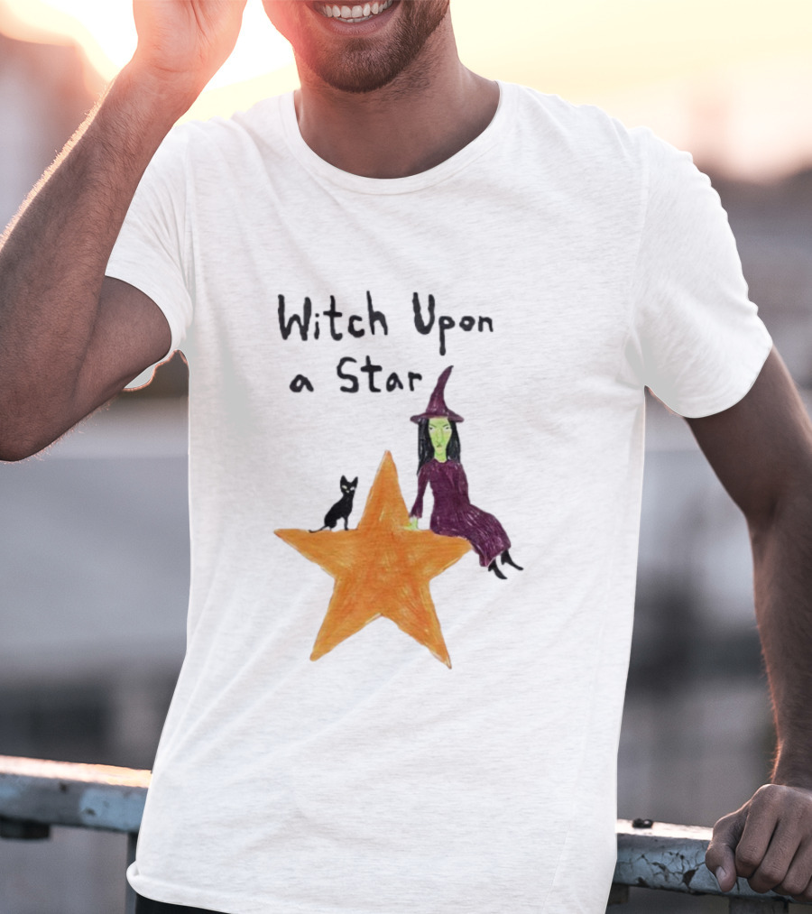 Witch Upon A Star Green Witch Purple Hat Orange Star Black Cat T-Shirt