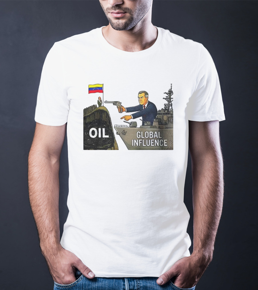 USA Venezuela Oil Conflict Political Satire Global Influence Cartoon Flags Gun Ship T-Shirt