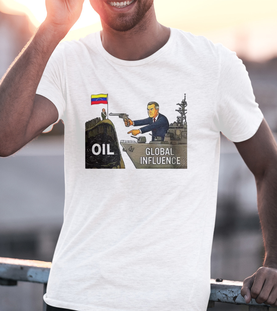 USA Venezuela Oil Conflict Political Satire Global Influence Cartoon Flags Gun Ship T-Shirt