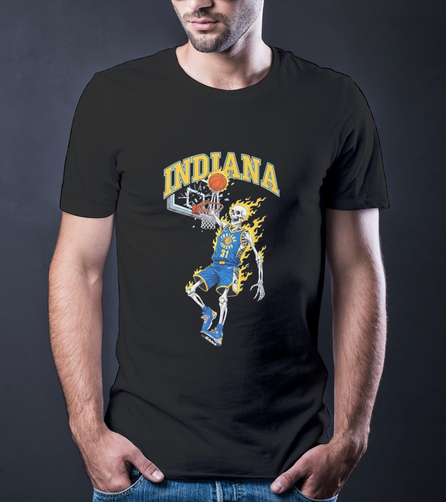 Indiana Pacers Skeleton Basketball Dunk In Flames T-Shirt
