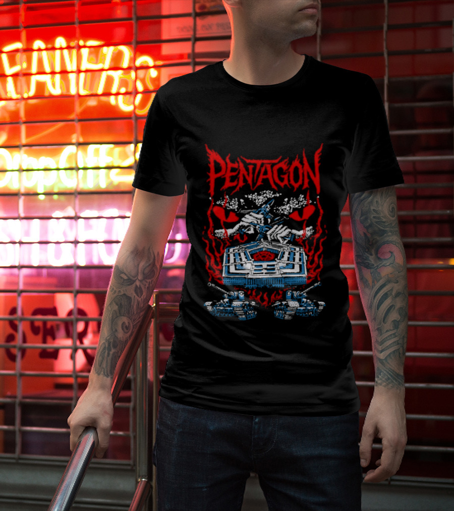 Pentagon Band Red Flames And Hearts T-Shirt