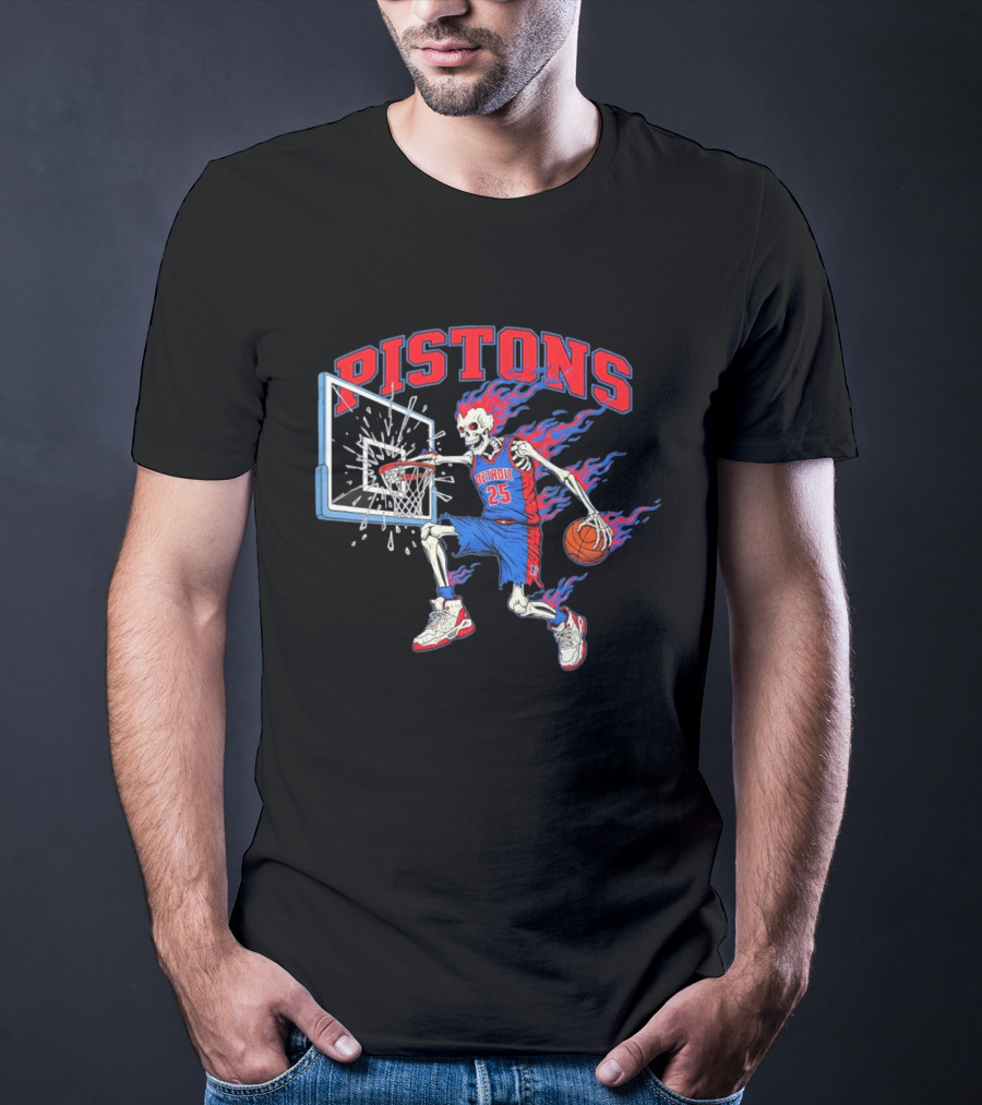 Detroit Pistons Skeleton Basketball Player With Flame Hair Dunking T-Shirt