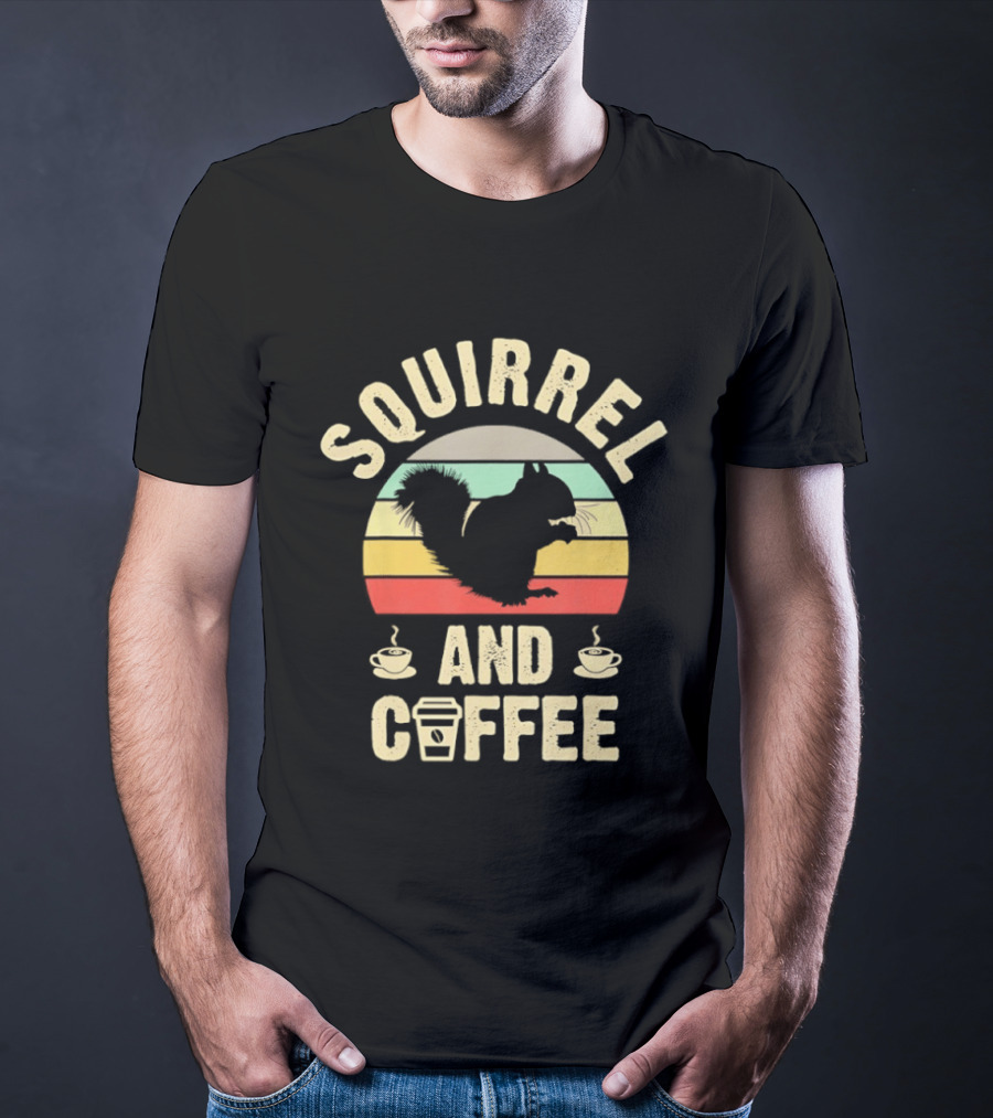 Squirrel And Coffee Retro Sunset Silhouette With Cups And Takeaway T-Shirt