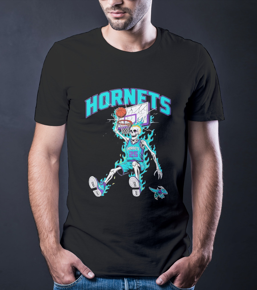 Charlotte Hornets Skeleton Dunking Basketball Retro Style Flame T-Shirt