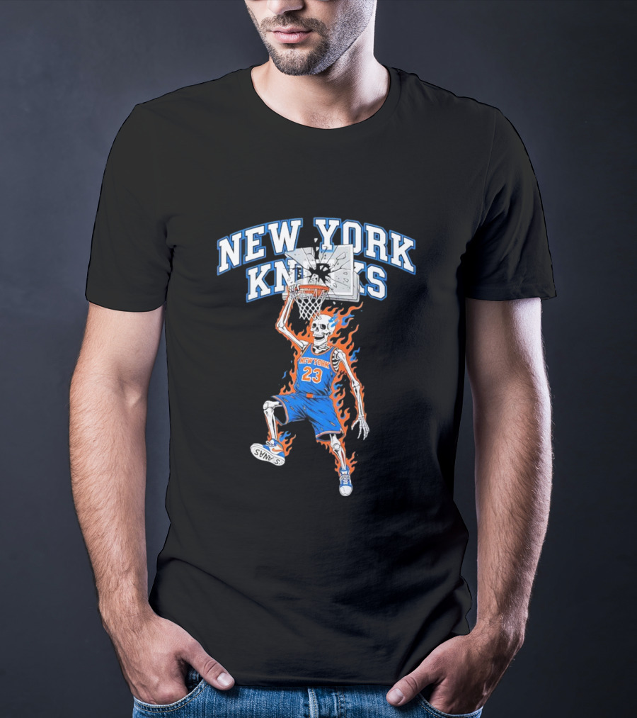 New York Knicks Basketball Skeleton Player Dunking Fire 23 T-Shirt