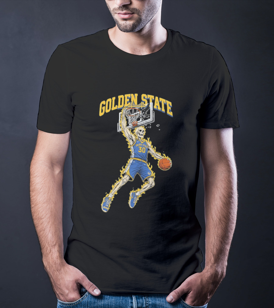 Golden State Warriors Basketball Skeleton Player Slam Dunk Fire T-Shirt