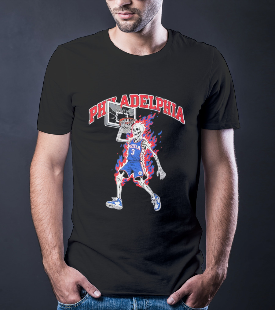 Philadelphia 76ers Skeleton Dunking Basketball Player In Flames T-Shirt