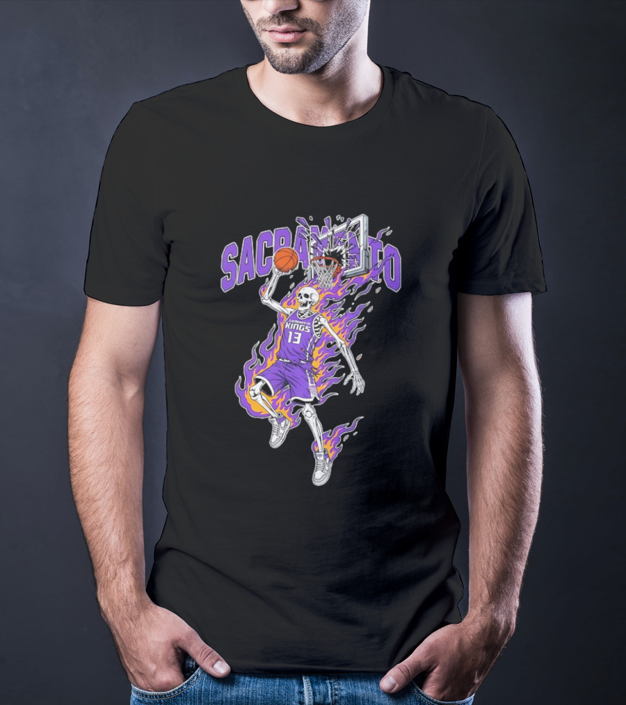 Sacramento Kings Skeleton Basketball Player Flames Sports Team T-Shirt