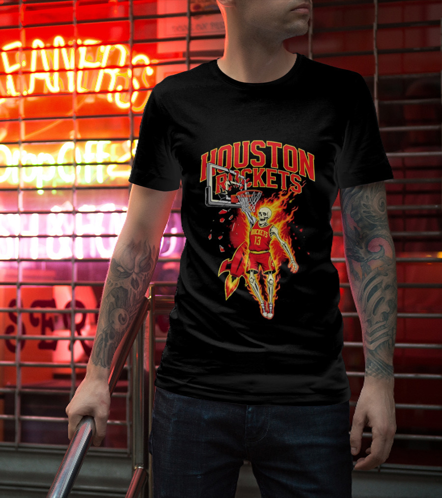 Houston Rockets Basketball Flaming Skeleton Player Dunking T-Shirt